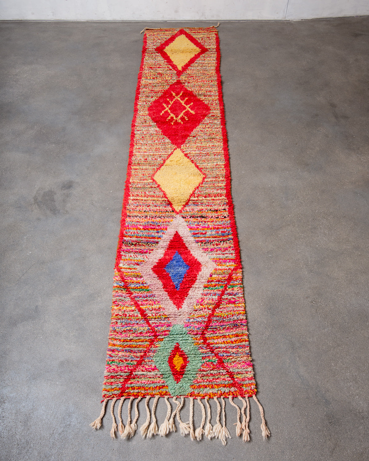 Modern, designer, handcrafted Berber runner rug from Morocco. Vintage carpet with beautiful colours and patterns and fluffy texture
